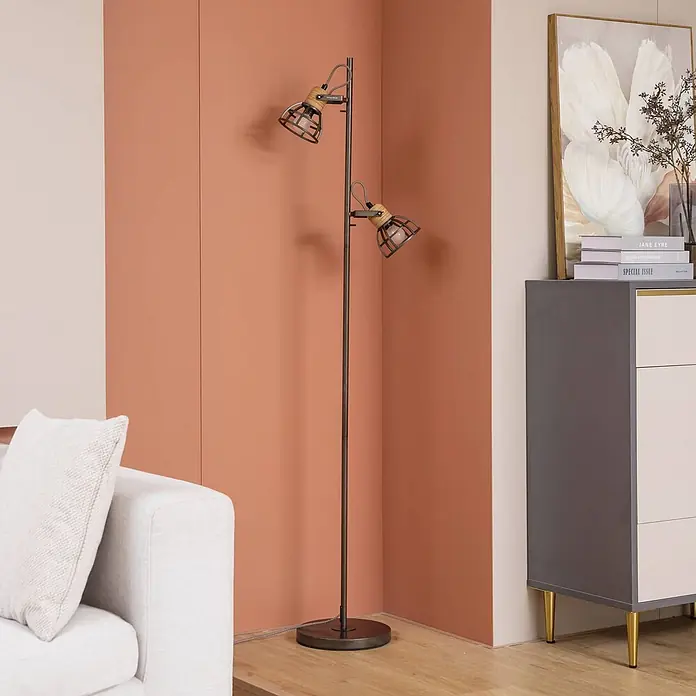 Lindby Stehleuchte Arinthea - Höhe: 153 cm, schwarz, schwarz, E14 - Industrielle Stehlampe aus dunklem Metall mit zwei verstellbaren Käfigköpfen und gewebten Details.