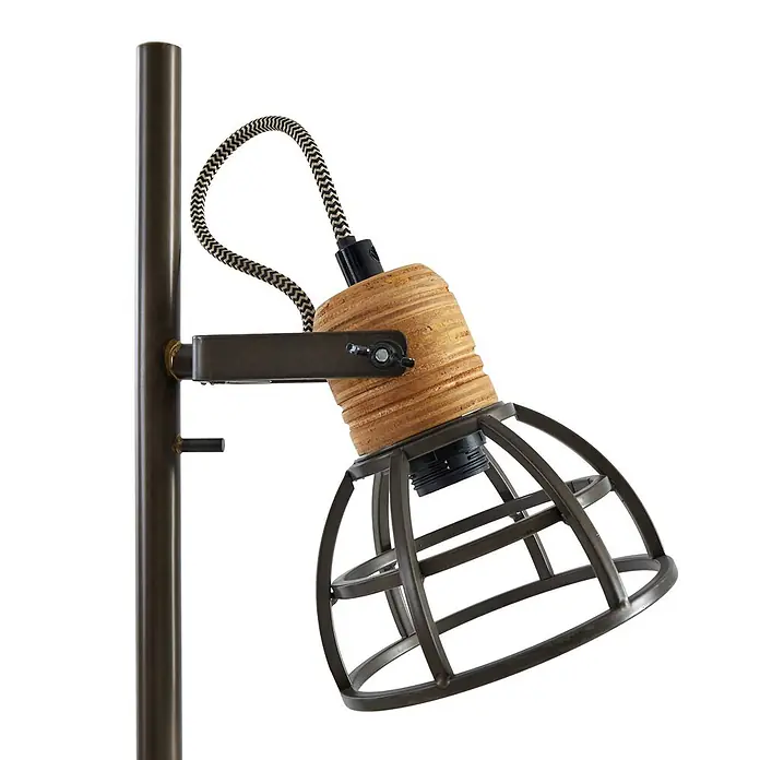 Lindby Stehleuchte Arinthea - Höhe: 153 cm, schwarz, schwarz, E14 - Industrieller Lampenkopf mit Holzfassung, dunklem Metallgitter und schwarz-weiß geflochtenem Kabel, an dunkler Metallstange montiert.