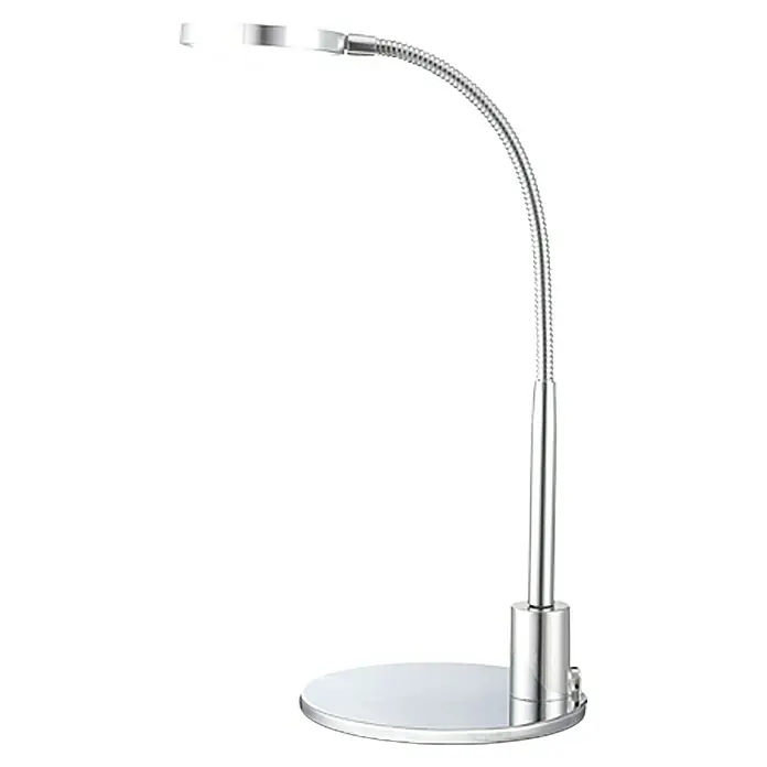Globo LED-Tischleuchte Pegasi - 3 W, Chrom, Warmweiß - Nahaufnahme einer modernen Schreibtischlampe mit flexiblem Hals und kreisförmigem LED-Licht, ideal für Büro oder Zuhause.