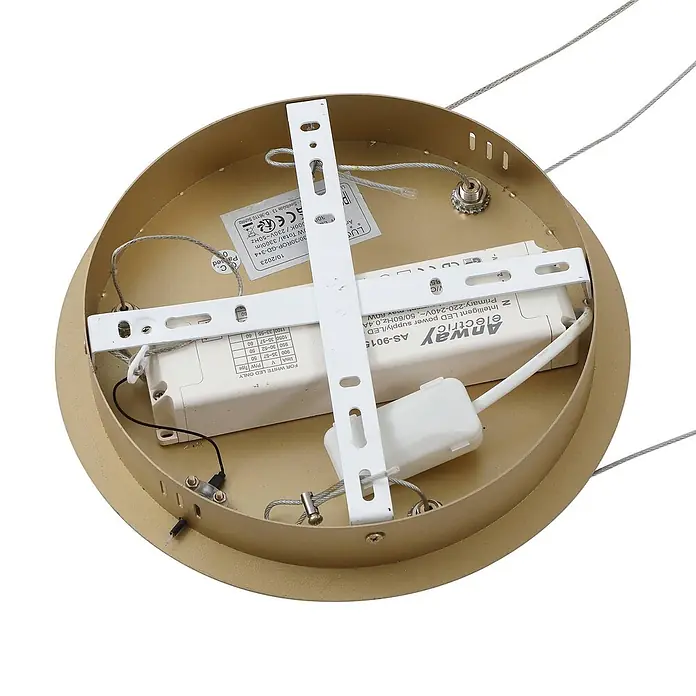 Lucande Pendelleuchte Yonam - L x B x H: 60 x 60 x 4,5 cm, messing / gold, gold - Innenansicht einer goldfarbenen runden Leuchte mit weißem LED-Treiber, Montagehalterung und Verkabelung für die Aufhängung.
