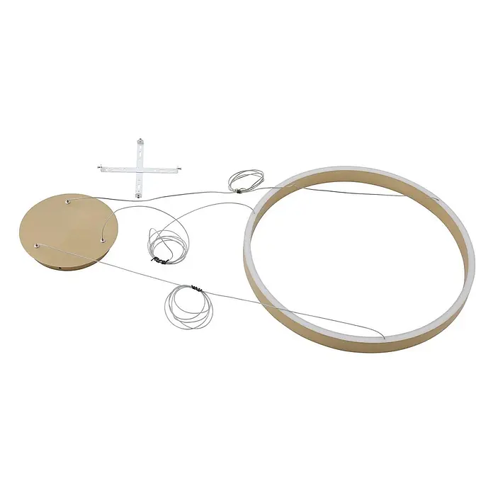 Lucande Pendelleuchte Yonam - L x B x H: 60 x 60 x 4,5 cm, messing / gold, gold - Demontierte moderne LED-Pendelleuchte mit goldfarbener runder Deckenhalterung, kreuzförmiger Montagehalterung, kreisförmigem Lichtring und Aufhängedrähten.