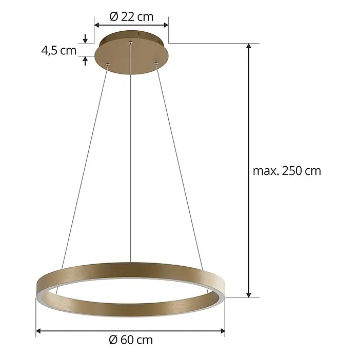 Lucande Pendelleuchte Yonam - L x B x H: 60 x 60 x 4,5 cm, messing / gold, gold - Goldfarbene runde LED-Pendelleuchte, an runder Deckenhalterung abgehängt.