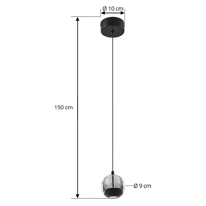 Lucande Pendelleuchte Hayley - klar / transparent, klar, Schwarz - Schwarze Pendelleuchte aus Klarglas mit Blasendetail, 150 cm Gesamtlänge, 10 cm Deckenbaldachin, 9 cm Kugeldurchmesser.