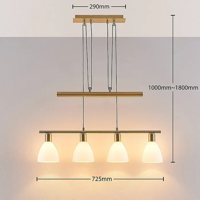 Lindby Pendelleuchte Simeon - L x B x H: 72,5 x 13 x 12 cm, weiß, messing matt, E14 - Goldfarbene Pendelleuchte mit vier weißen Schirmen, höhenverstellbar von 1000mm bis 1800mm, Gesamtlänge 725mm.