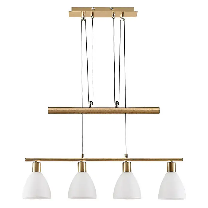 Lindby Pendelleuchte Simeon - L x B x H: 72,5 x 13 x 12 cm, weiß, messing matt, E14 - Goldfarbene lineare Hängeleuchte mit vier weißen Glasschirmen und schwarzen Aufhängeschnüren.