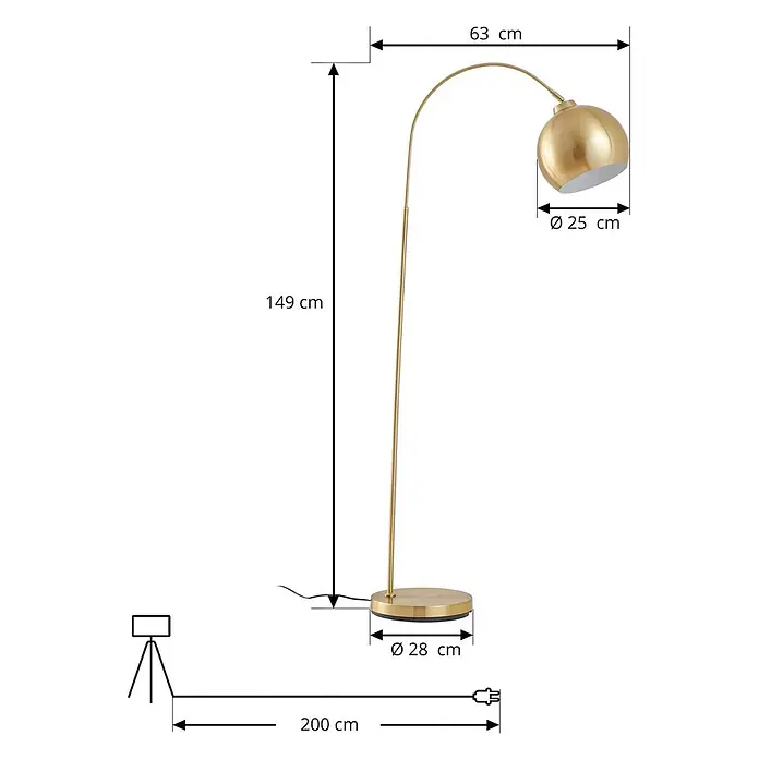 Lindby Stehleuchte Moisia - Höhe: 150 cm, messing / gold, messing / gold, E27 - Hohe, goldfarbene Bogenstehleuchte mit kugelförmigem Schirm und rundem Sockel. Höhe 149 cm, Ausladung 63 cm.