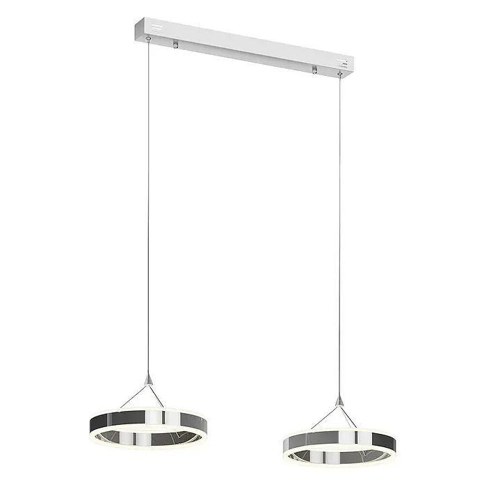 Lucande Pendelleuchte Lyani - L x B x H: 85 x 30 x 5 cm, chrom / silber, chrom, weiß satiniert - Lineare LED-Hängeleuchte mit weißer Stange und zwei silberfarbenen beleuchteten Ringen.