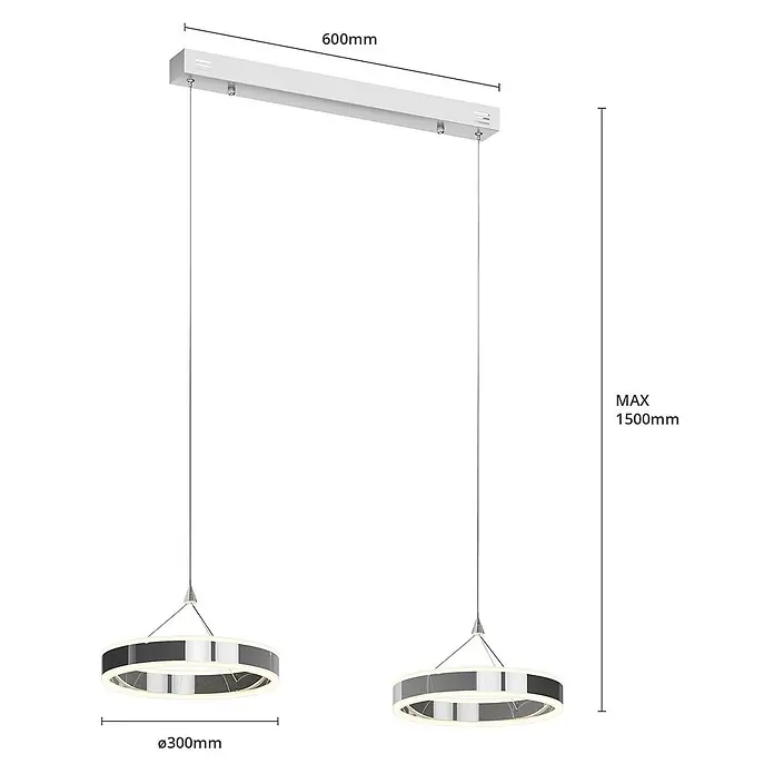 Lucande Pendelleuchte Lyani - L x B x H: 85 x 30 x 5 cm, chrom / silber, chrom, weiß satiniert - Moderne Pendelleuchte mit zwei runden LED-Lampen und weißer rechteckiger Deckenhalterung. Max. 1500mm höhenverstellbar.