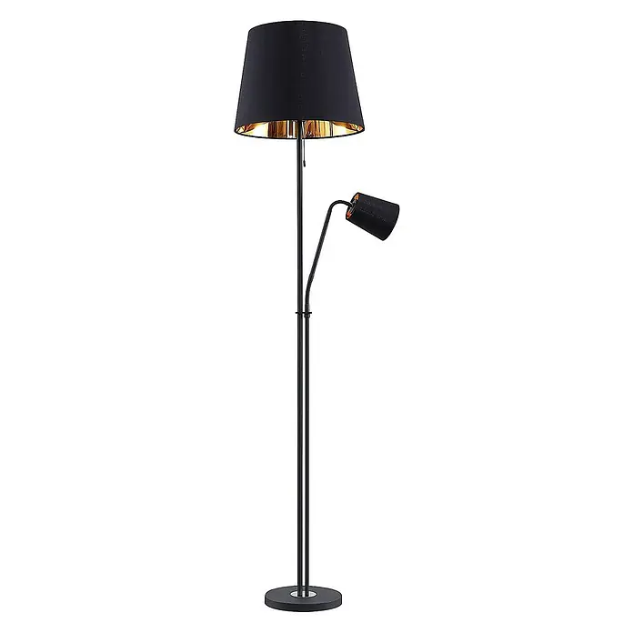 Lindby Stehleuchte Efalia - schwarz, schwarz, E27 - Schwarze Stehleuchte mit großem schwarz-goldenen Schirm und verstellbarer Leselampe auf schwarzem Metallgestell.