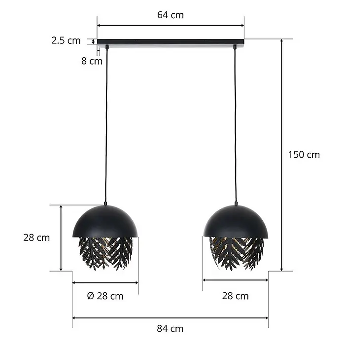 Lucande Pendelleuchte Aparas - L x B x H: 84 x 28 x 35 cm, schwarz, Schwarz, gold, E27 - Schwarze Doppel-Pendelleuchte mit linearer Deckenplatte und zwei kugelförmigen Schirmen mit dekorativen goldfarbenen Blattausschnitten.
