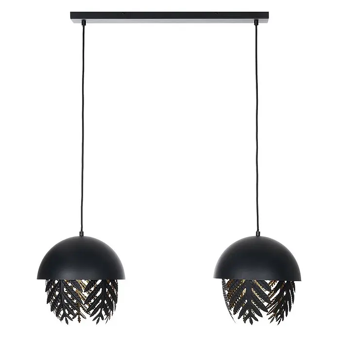 Lucande Pendelleuchte Aparas - L x B x H: 84 x 28 x 35 cm, schwarz, Schwarz, gold, E27 - Zweiflammige Pendelleuchte mit schwarzen Halbkugelschirmen und goldenen Blätter-Dekorelementen, von einer rechteckigen Deckenplatte hängend.