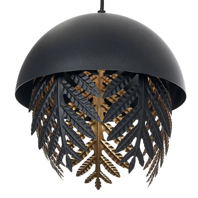 Lucande Pendelleuchte Aparas - L x B x H: 84 x 28 x 35 cm, schwarz, Schwarz, gold, E27 - Schwarze Hängeleuchte mit gewölbtem Schirm und geschichteten schwarzen und goldenen Metallfarnblatt-Details.