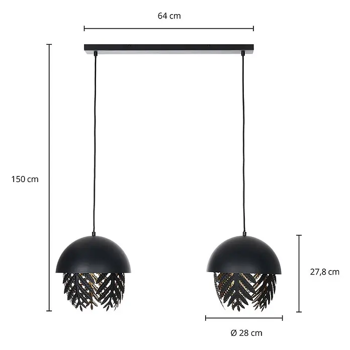 Lucande Pendelleuchte Aparas - L x B x H: 84 x 28 x 35 cm, schwarz, Schwarz, gold, E27 - Schwarze Doppel-Pendelleuchte mit halbkugelförmigen Schirmen und goldenen Blattdetails.