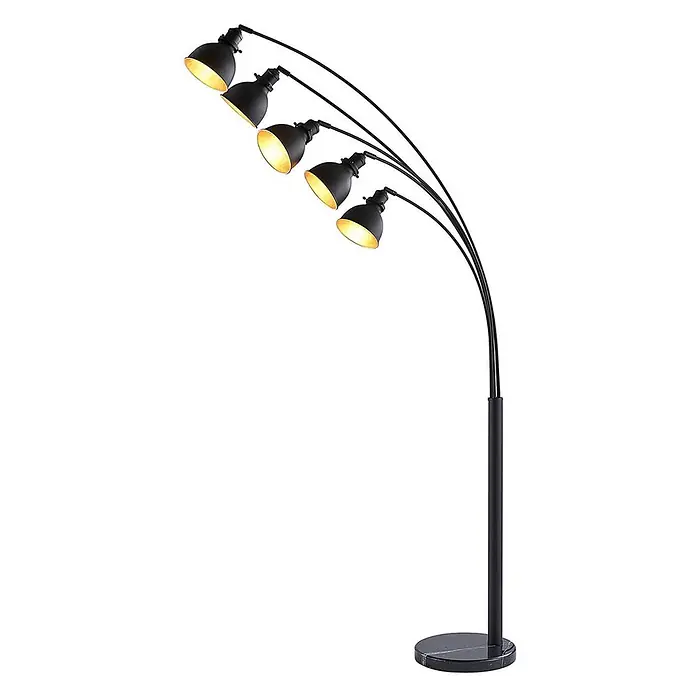 Lindby Stehleuchte Lira - Höhe: 205 cm, schwarz, schwarz, E27 - Schwarze Bogen-Stehleuchte mit 5 goldfarbenen Schirmen und rundem Marmorsockel, spendet warmes Licht.