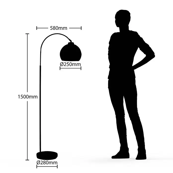 Lindby Stehleuchte Minali - Höhe: 148 cm, schwarz, schwarz, E27 - Schwarze Stehlampe mit geschwungenem Hals und rundem Schirm, mit Maßen (1500mm hoch) und menschlicher Silhouette zur Größenangabe.