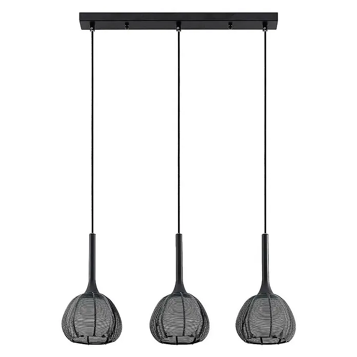 Lucande Pendelleuchte Tetira - schwarz, Schwarz, weiß, E14 - Drei schwarze Hängelampen mit Drahtkäfig-Lampenschirmen an einer linearen Deckenplatte.