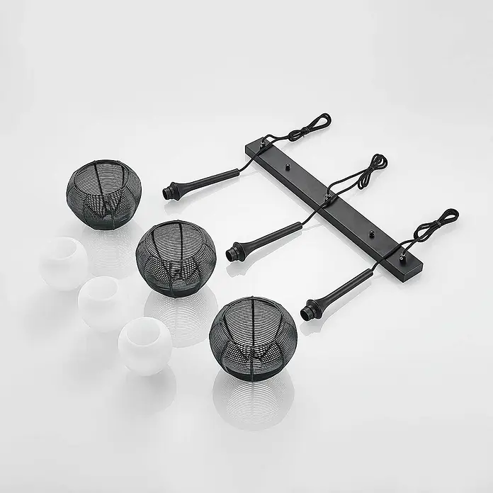Lucande Pendelleuchte Tetira - schwarz, Schwarz, weiß, E14 - Komponenten einer Deckenleuchte aus schwarzem Metall und weißem Glas, inkl. Schirme und Diffusoren.