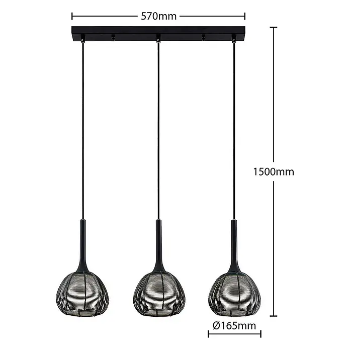 Lucande Pendelleuchte Tetira - schwarz, Schwarz, weiß, E14 - Schwarze dreiflammige Pendelleuchte aus Metall mit gewebten Drahtschirmen. Deckenleiste 570mm, Höhe 1500mm, Schirm Ø 165mm.