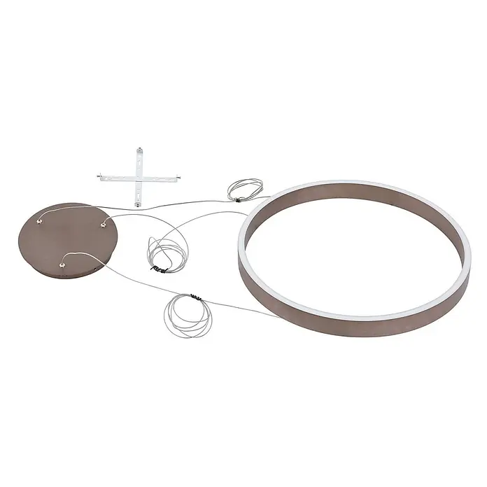 Lucande Pendelleuchte Yonam - L x B x H: 60 x 60 x 4,5 cm, braun / rost, kaffee - Zerlegte runde LED-Pendelleuchte in Bronze, zeigt Leuchtring, Deckenplatte und Befestigungsmaterial.