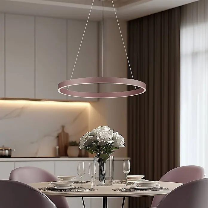 Lucande Pendelleuchte Yonam - L x B x H: 60 x 60 x 4,5 cm, braun / rost, kaffee - Roségoldene, kreisförmige LED-Pendelleuchte über einem Esstisch. Ihr Innenring sorgt für Beleuchtung.