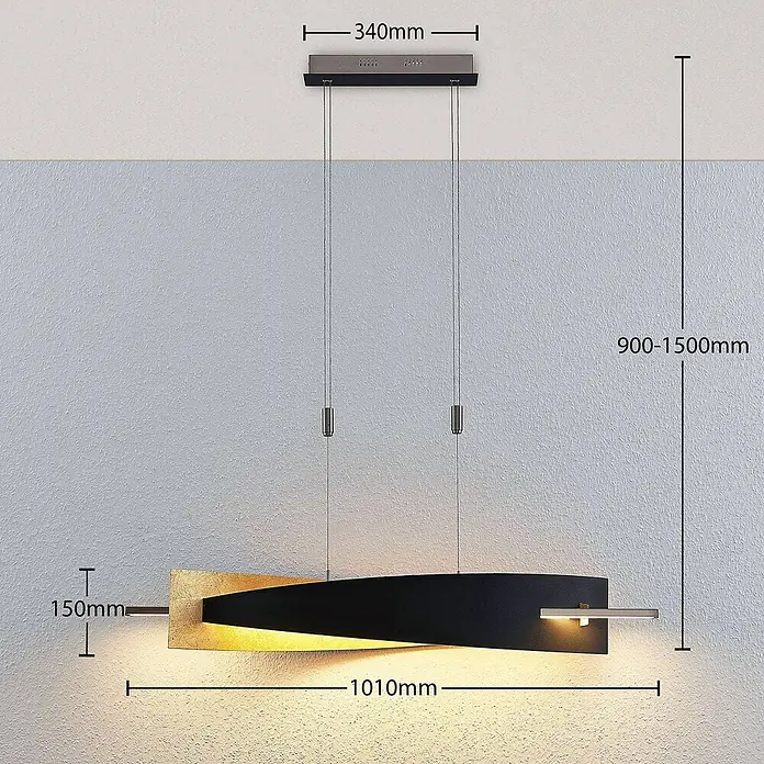 Lucande Pendelleuchte Marija - L x B x H: 101 x 18,5 x 1,8 cm, schwarz, Schwarz, gold - Schwarze und goldene Pendelleuchte, 1010mm lang, 150mm hoch, mit einstellbarer Aufhängung (900-1500mm).