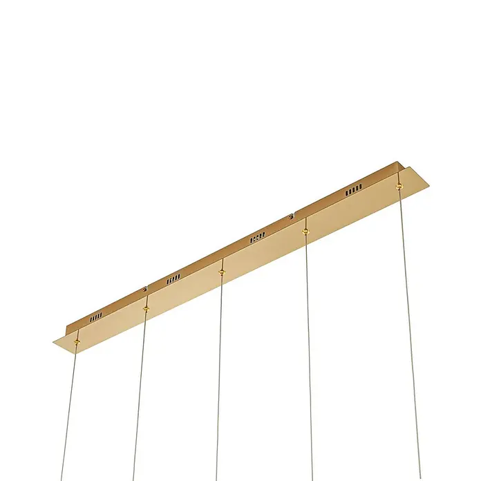 Lucande Pendelleuchte Hayley - L x B x H: 96 x 9 x 9 cm, klar / transparent, klar, gold - Goldfarbene, rechteckige Leuchtenbasis mit mehreren Aufhängedrähten.