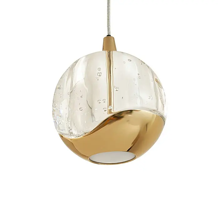 Lucande Pendelleuchte Hayley - L x B x H: 96 x 9 x 9 cm, klar / transparent, klar, gold - Sphärische Pendelleuchte aus klarem Blasenglas mit poliertem Goldboden, an dünnem Kabel hängend.