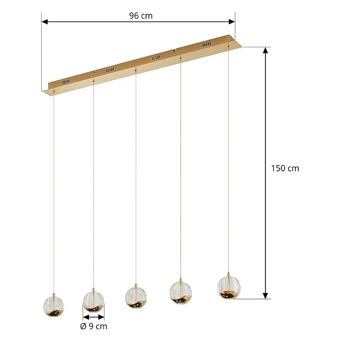 Lucande Pendelleuchte Hayley - L x B x H: 96 x 9 x 9 cm, klar / transparent, klar, gold - Goldfarbene lineare Pendelleuchte mit fünf klaren Glaskugeln. 96 cm lang, 150 cm hoch, Kugeln Ø 9 cm.