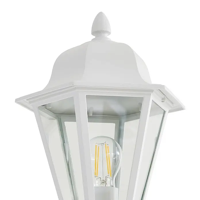 Lindby Außenlaterne Edana - 23 x 26 x 211 cm - Weiße Außenlaternenleuchte mit klaren Glasscheiben und sichtbarer LED-Glühbirne.