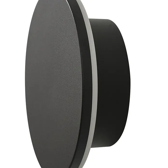 Arcchio Außenwandleuchte Gravo - schwarz, IP65 - Dunkelgraue runde Wandleuchte mit hellem Ring und schwarzem zylindrischem Sockel.