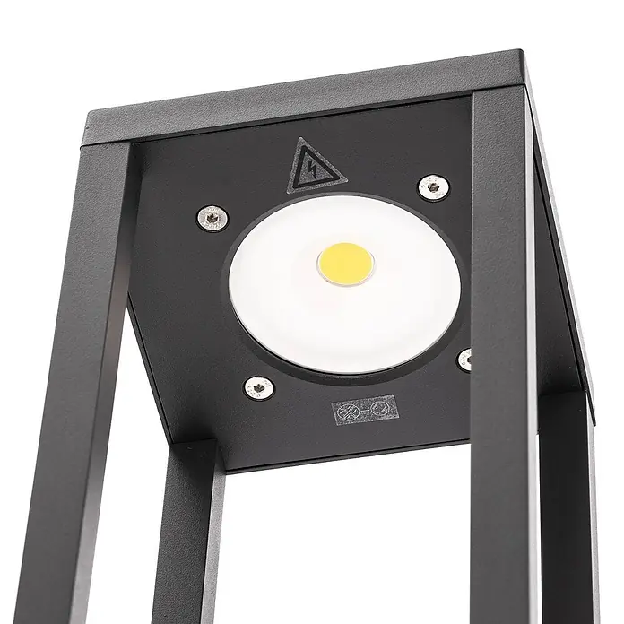 Lucande Außenlaterne Carlota -  - Schwarzer Metall-LED-Außenstrahler mit weißem Licht, gelber Mitte und Sicherheitssymbolen.