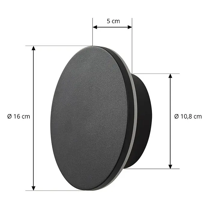 Arcchio Außenwandleuchte Gravo - schwarz, IP65 - Matte dunkelgraue runde Wandleuchte, 16 cm Durchmesser, 5 cm Tiefe. Basisdurchmesser 10,8 cm.