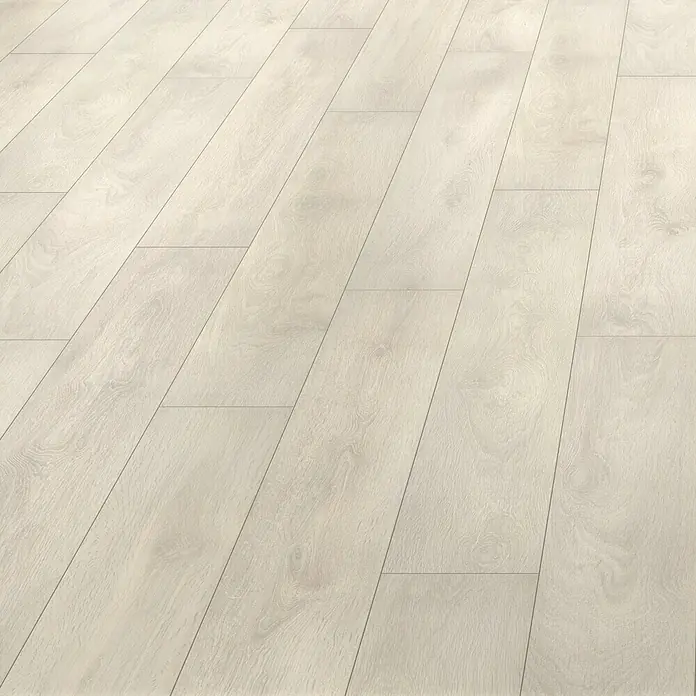 LOGOCLIC Laminatmuster Vinto Eiche Bastogne - 296 x 195 x 1 mm, Landhausdiele - Nahaufnahme von hellem Laminatboden mit Holzmuster, ideal für modernes Interieur und einfache Reinigung, verleiht jedem Raum Wärme.