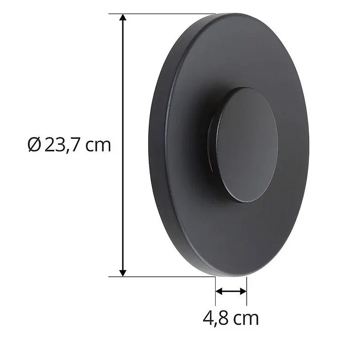 Lucande Außenwandleuchte Kayana - schwarz, IP65 - Schwarzes rundes Wandelement, Ø 23,7 cm, 4,8 cm tief.