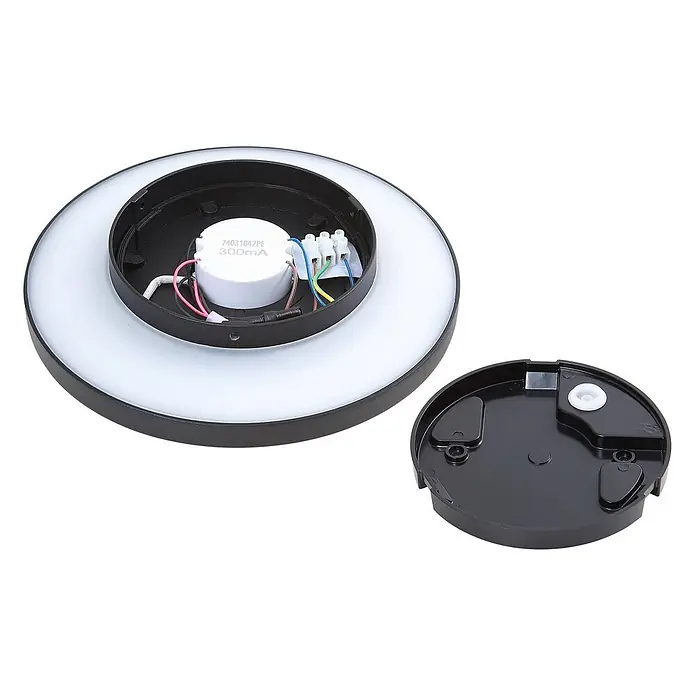 Lucande Außenwandleuchte Kayana - schwarz, IP65 - Runde LED-Leuchte, zerlegt mit sichtbarer Innenverdrahtung, Treiber (300mA) und Montageplatte.