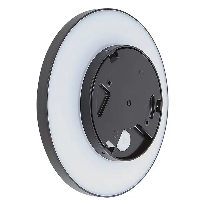 Lucande Außenwandleuchte Kayana - schwarz, IP65 - Runde schwarze LED-Leuchte mit weißem Diffusor, Montagebasis sichtbar.