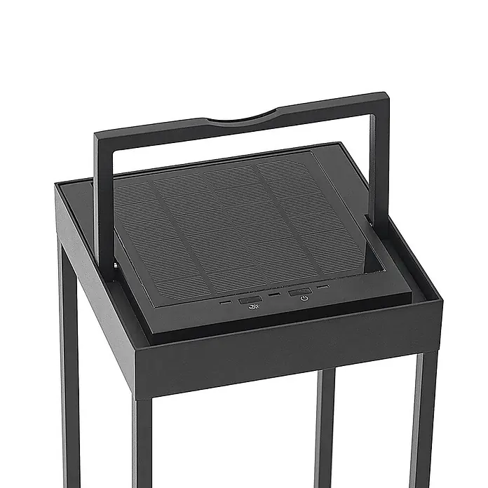 Lucande Außenlaterne Lynzy -  - Schwarze solarbetriebene Außenleuchte mit Griff und integriertem Solarpanel oben, mit Ein-/Ausschalt- und Helligkeitsreglern.