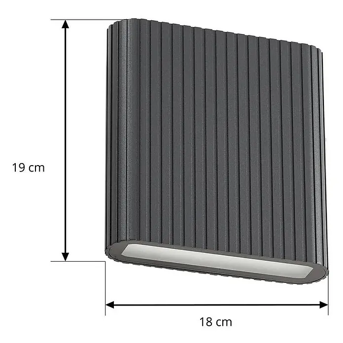 Lucande Außenwandleuchte Raija - 7,5 x 18 x 19 cm, alu / grau / zink, IP54 - Dunkelgraue, gerippte Wandleuchte, 19 cm hoch und 18 cm breit.