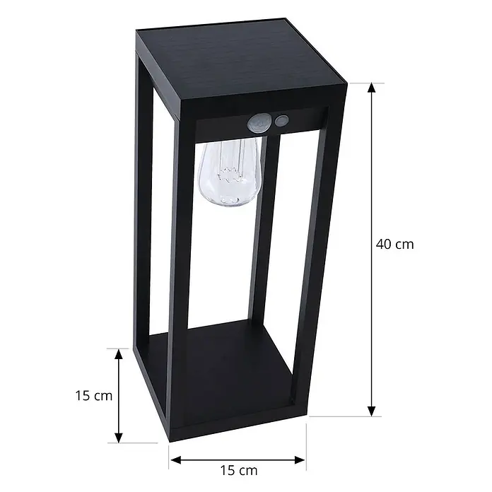 Lindby Außenlaterne Enea -  - Schwarze Solar-LED-Gartenleuchte mit rechteckigem Rahmen, klassischer Birne und Bewegungssensor. 40 cm hoch, 15 cm breit.