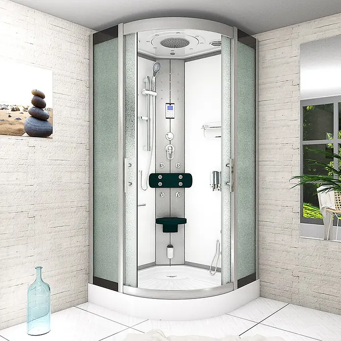 AcquaVapore Komplettdusche Fertigdusche D46-10M0-EC - 90 x 90 x 215 cm, Weiß - Moderne Eckduschkabine mit mattiertem Glas, integriertem Sitz, Regendusche, Körperdüsen und digitaler Steuerung.