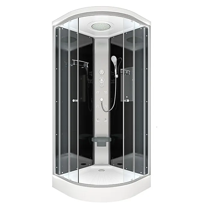 AcquaVapore Komplettdusche Fertigdusche D10-23T0-EC - 100 x 100 x 215 cm, Schwarz - Moderne Eckduschkabine mit weißem Rahmen, schwarzen Paneelen, Klarglastüren und Chromarmaturen, inklusive Handbrause und Massagedüsen.