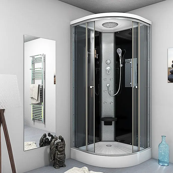 AcquaVapore Komplettdusche Fertigdusche D10-23T0-EC - 100 x 100 x 215 cm, Schwarz - Moderne Eckduschkabine mit Klarglas, schwarzem Interieur, Regendusche, Handbrause und Massagedüsen im Badezimmer.