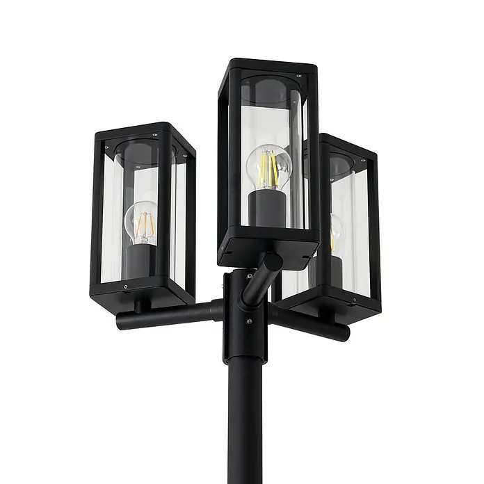 Lucande Außenlaterne Siveta -  - Schwarze Außenlaterne mit drei rechteckigen Leuchten aus Klarglas und sichtbaren LED-Glühlampen.