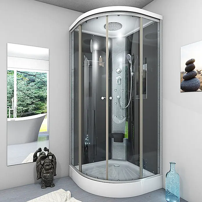 AcquaVapore Komplettdusche Fertigdusche D10-23T0-EC - 100 x 100 x 215 cm, Schwarz - Moderne Eckduschkabine mit gebogenen Klarglastüren, dunklen Rückwänden, weißer Basis, Regendusche, Handbrause, Massagedüsen.