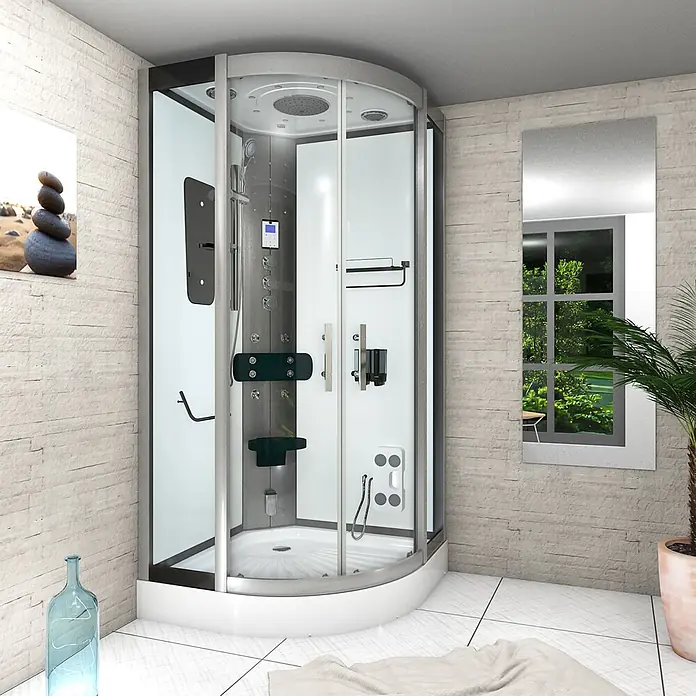 AcquaVapore Komplettdusche Dampfdusche D46-20T3 - 100 x 100 x 215 cm, Weiß - Moderne Eckduschkabine mit Glastüren, integriertem Duschkopf, Düsen, digitalem Bedienfeld und Klappsitz in einem Badezimmer.
