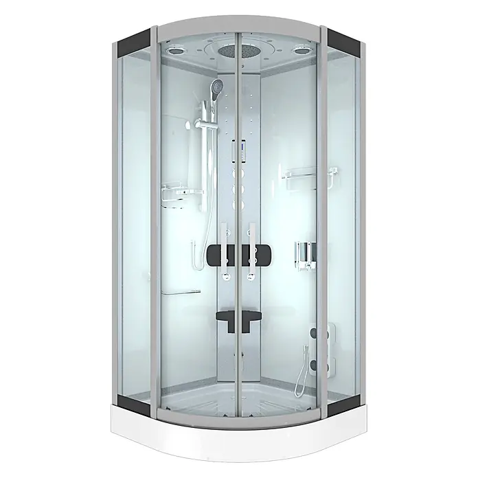 AcquaVapore Komplettdusche Dampfdusche D46-20T3 - 100 x 100 x 215 cm, Weiß - Moderne Eckduschkabine mit Glaspaneelen, Chromarmaturen, integriertem Sitz und mehreren Duschköpfen.