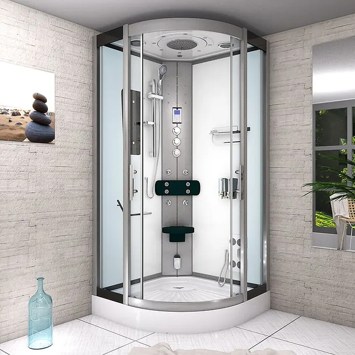 AcquaVapore Komplettdusche Dampfdusche D46-20T3 - 100 x 100 x 215 cm, Weiß - Moderne Eckduschkabine mit Glastüren, weißer Basis, integrierter Dusche und dunklen Akzenten.