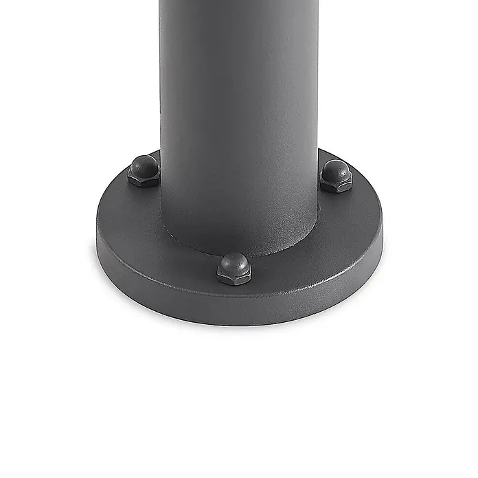 Lindby Außenlaterne Keily -  - Dunkelgrauer Metallmastfuß mit drei kuppelförmigen Sechskantschrauben auf einem runden Flansch.