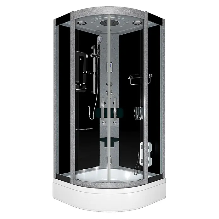 AcquaVapore Komplettdusche Dampfdusche D46-63T2-EC - 100 x 100 x 225 cm, Schwarz - Moderne Eckduschkabine mit schwarzem Interieur, silbergrauem Rahmen, Glastüren, weißer Duschwanne und mehreren Duschfunktionen.