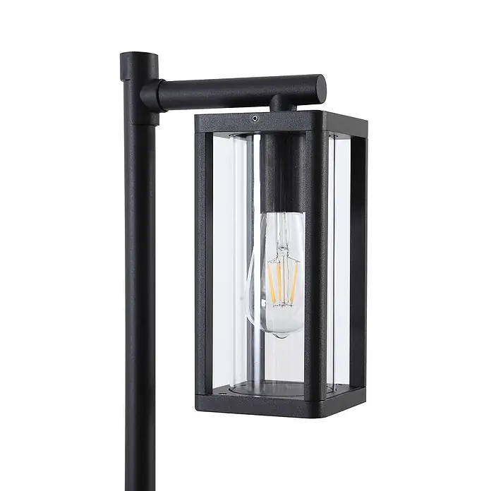 Lucande Außenlaterne Siveta -  - Schwarze Metall-Wegeleuchte mit rechteckigem Klarglasschirm und sichtbarer LED-Glühbirne.